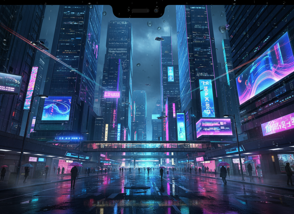 네온 불빛과 젖은 거리의 반사가 어우러진 미래지향적인 사이버펑크 도시 야경 아이폰 배경화면.