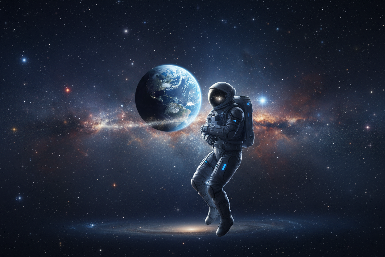 깊은 우주에서 떠다니며 멀리 있는 지구를 바라보는 고독한 우주비행사의 애수에 찬 웅장한 영화 같은 아이폰 배경화면.