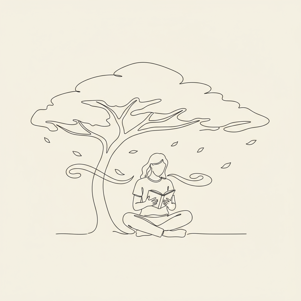 크림색 배경에 나무 아래서 책 읽는 사람의 미니멀한 선화 일러스트레이션, 평화로운 아이폰 배경화면.