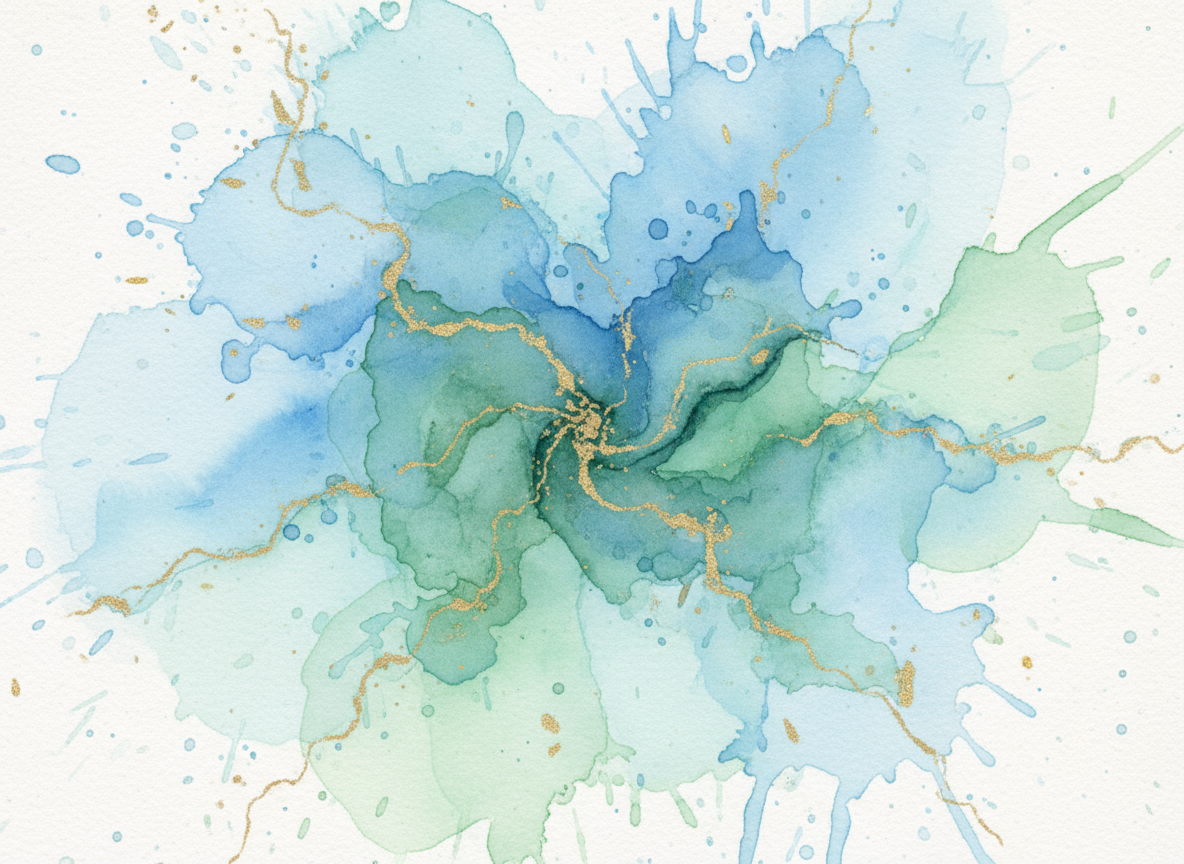 부드러운 파랑, 초록, 그리고 금색이 유기적으로 흐르는 수채화 스플래시 아트 아이폰 배경화면.