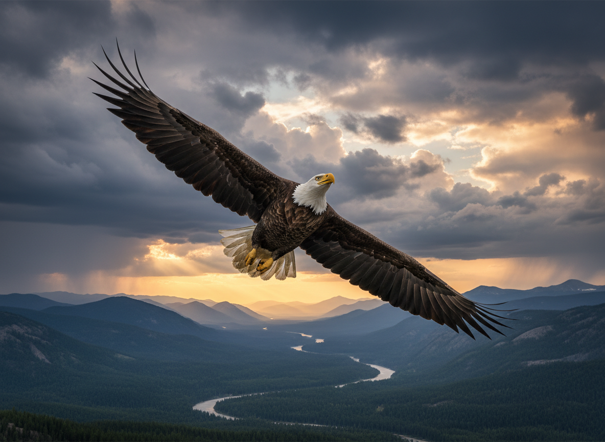 웅장한 독수리가 극적인 구름 낀 하늘을 비상하는 모습, 강력한 아이폰 배경화면입니다.