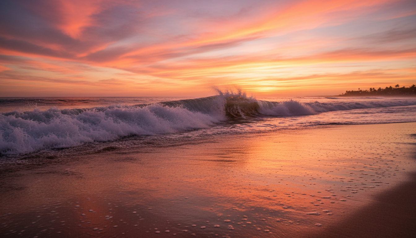일몰 시 모래 해변에 부서지는 역동적인 파도, 물에 비친 생생한 주황색과 분홍색 반영의 멋진 아이폰 배경화면.