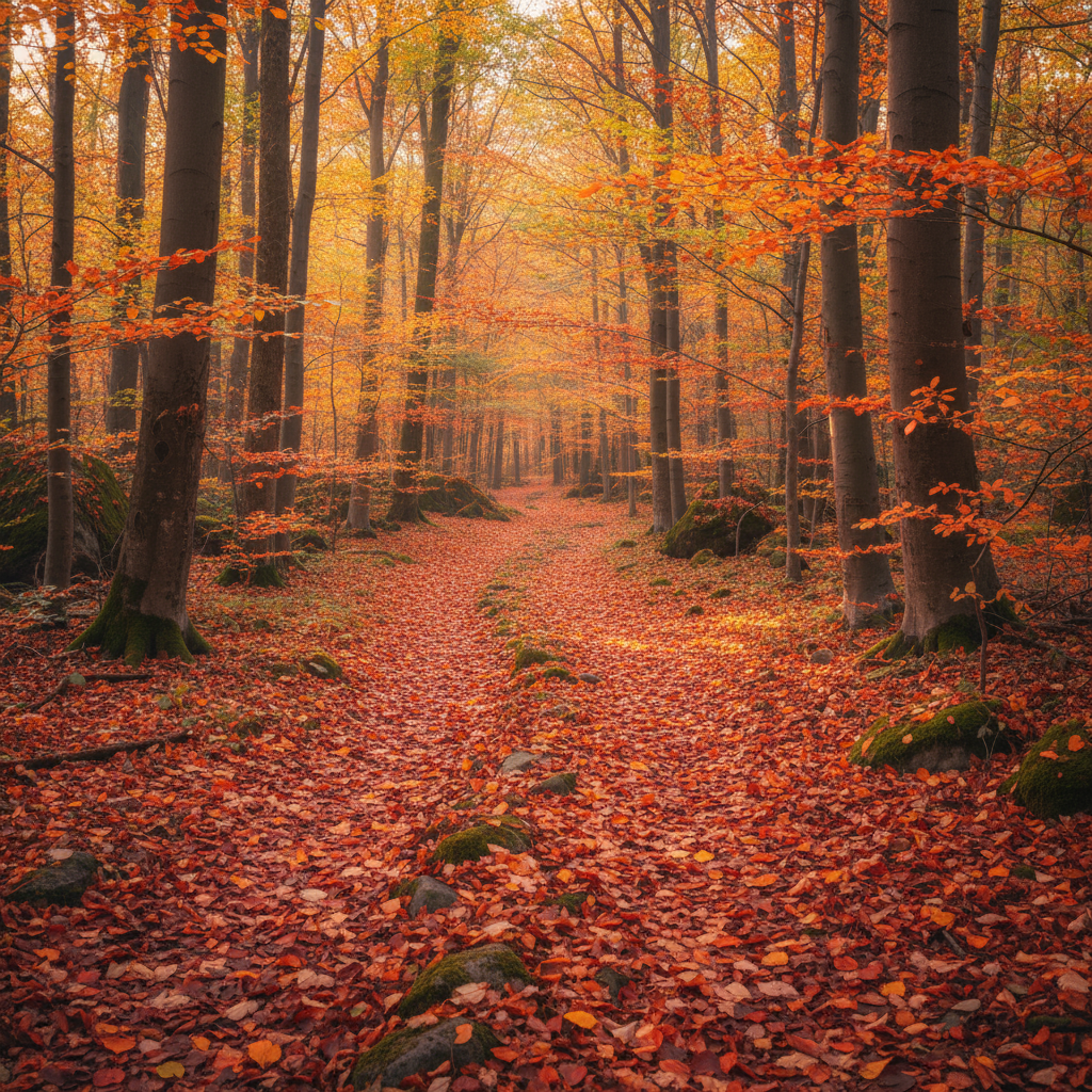 붉고 주황색 단풍으로 가득 찬 가을 숲길, 아늑한 자연풍 아이폰 배경화면입니다.
