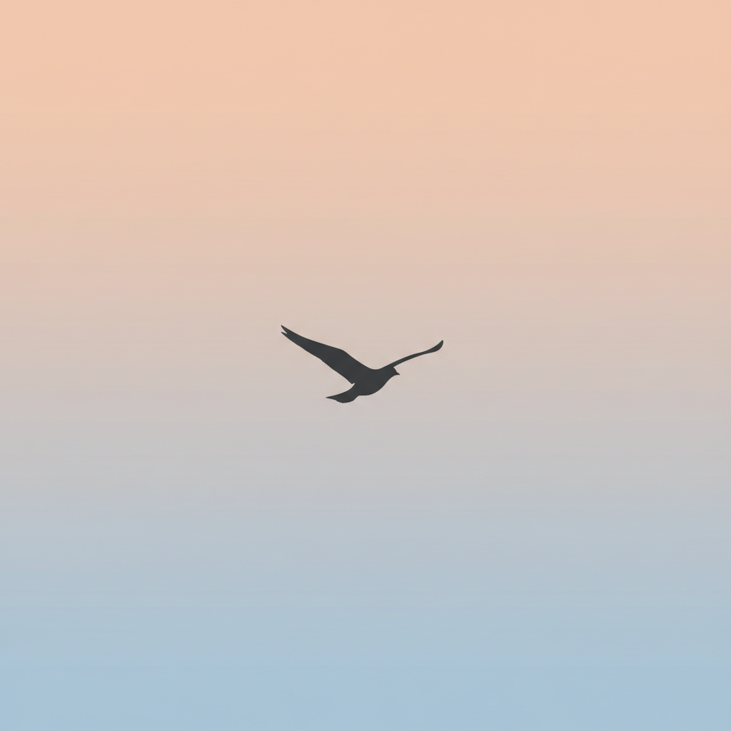 복숭아색에서 하늘색으로 부드럽게 번지는 파스텔 그라데이션과 우아한 새의 실루엣이 있는 미니멀리스트 풍경 아이폰 배경화면.