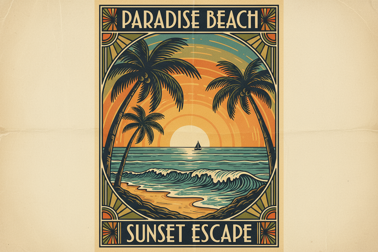 주황색 하늘에 야자수 실루엣이 있는 고요한 해변 일몰, 빈티지 여행 포스터 스타일 아이폰 배경화면.