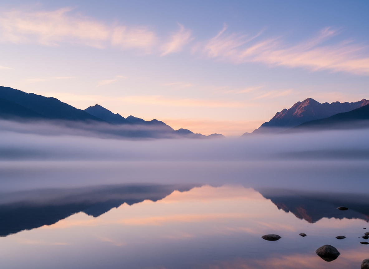 안개 낀 계곡과 파스텔 색조의 하늘을 배경으로 한 고요한 일출 산 풍경 아이폰 배경화면.
