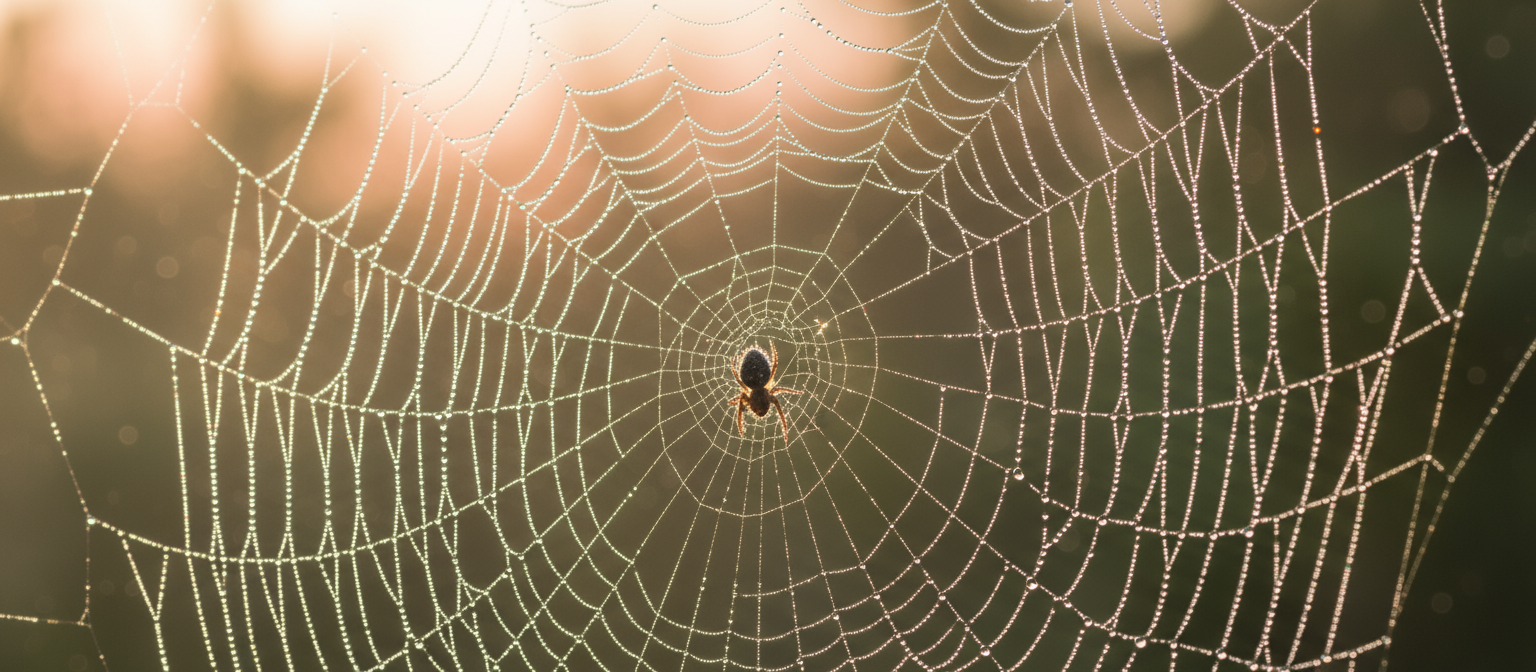 이른 아침 햇살에 거미줄에 맺힌 이슬 방울이 반짝이는 근접 매크로 사진 아이폰 배경화면.