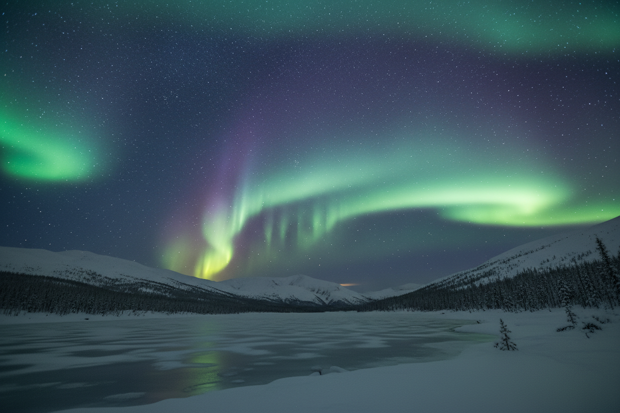 눈 덮인 풍경 위로 춤추는 경이로운 오로라, 마법 같은 아이폰 배경화면입니다.
