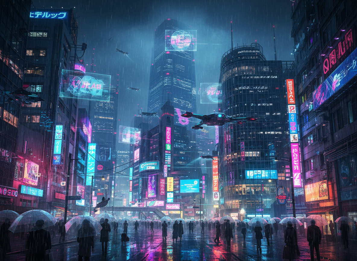 비에 젖은 네온 불빛이 반사되는 미래적인 도쿄 야경, 아이폰 배경화면으로 좋습니다.