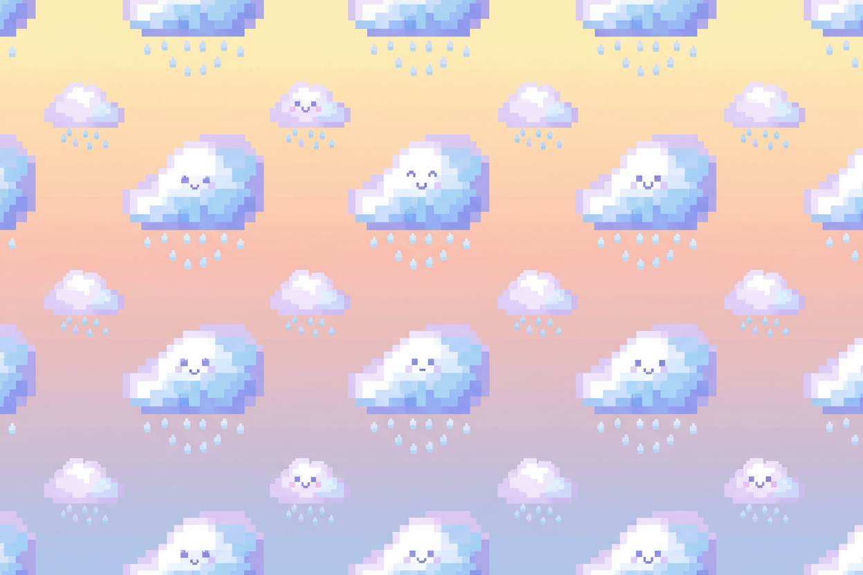 미묘하게 색이 변하는 하늘을 배경으로 한 양식화된 픽셀 아트 구름 패턴의 레트로 게임 미학 아이폰 배경화면.