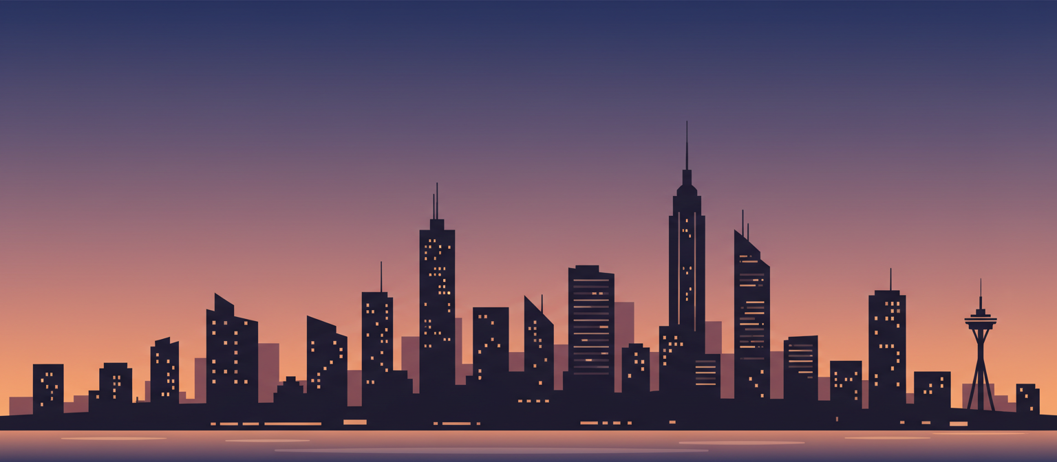 노을이 지는 황혼의 도시 풍경, 따뜻한 그라데이션 하늘에 실루엣 건물, 창문에 불빛이 켜지는 아이폰 배경화면.