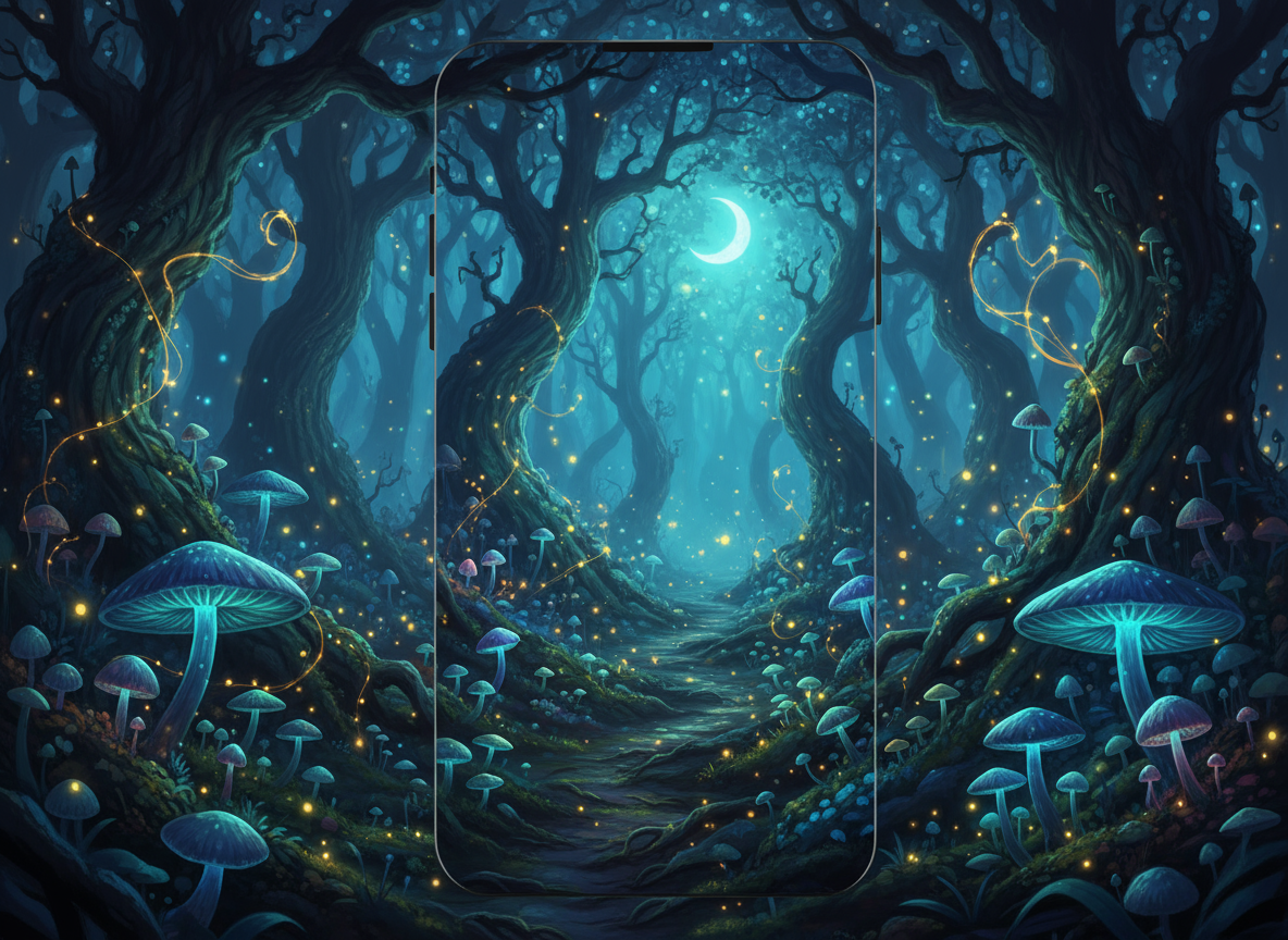 마법 같은 빛을 내는 발광 버섯과 반딧불이 있는 어둡고 매혹적인 환상의 숲 아이폰 배경화면.