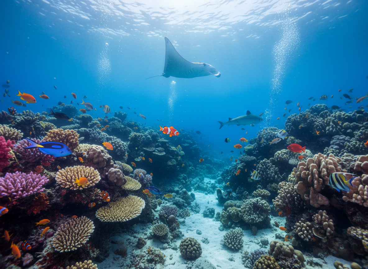 이국적인 물고기와 위에서 비추는 부드러운 빛이 있는 생생한 수중 산호초 아이폰 배경화면.