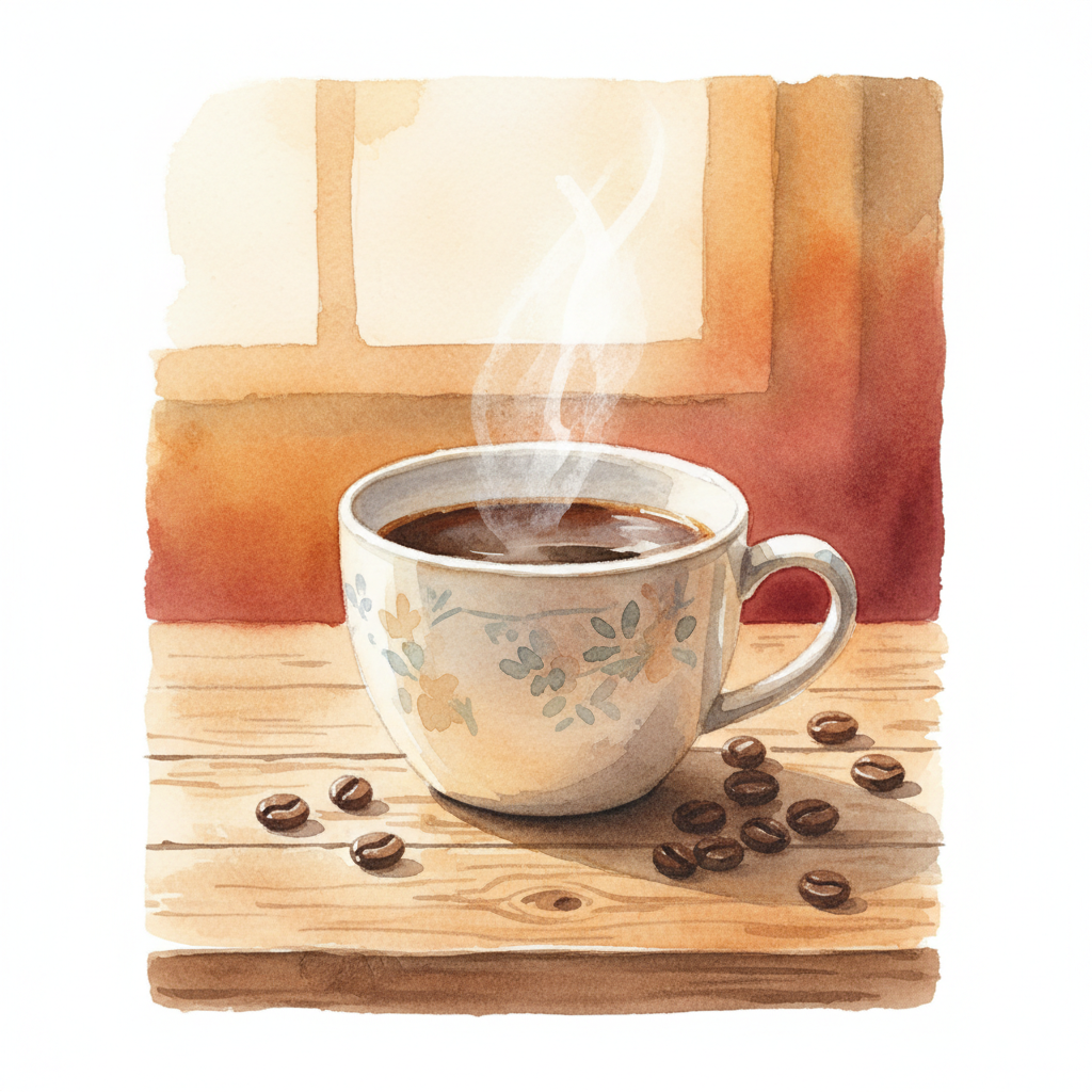 나무 테이블 위에 김이 나는 커피 한 잔과 커피콩이 흩뿌려진 매력적인 수채화 일러스트 아이폰 배경화면.