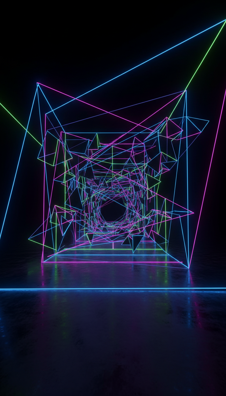깊이감을 주는 미래적인 네온 기하학 터널, 역동적인 사이버 아이폰 배경화면입니다.