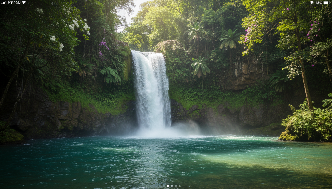 울창한 초목에 둘러싸인 맑은 연못으로 쏟아져 내리는 웅장한 폭포의 고요한 아이폰 배경화면.