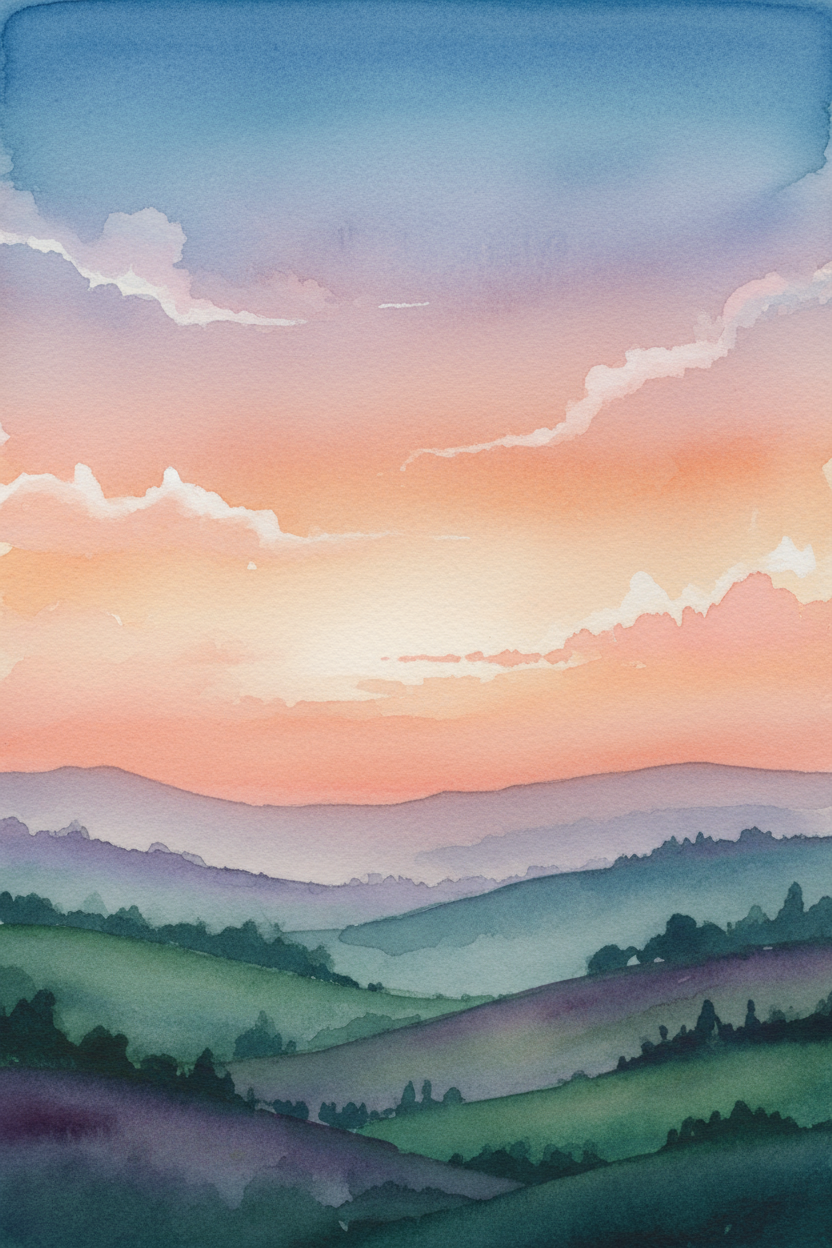 그라데이션 노을 하늘 아래 구릉진 언덕을 그린 몽환적인 수채화 풍경 아이폰 배경화면.