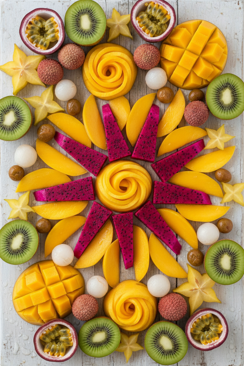 망고, 용과, 키위 등 열대 과일이 예술적으로 배열된 생동감 넘치는 탑다운 뷰 아이폰 배경화면.