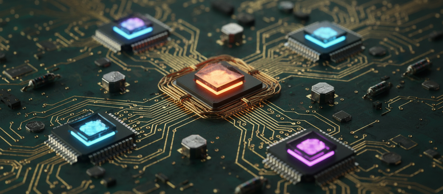 빛나는 마이크로 칩이 있는 고화질 회로 기판 클로즈업, 아이폰 배경화면으로 좋습니다.