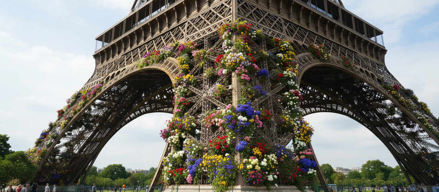 화려한 꽃으로 장식된 에펠탑 기단.