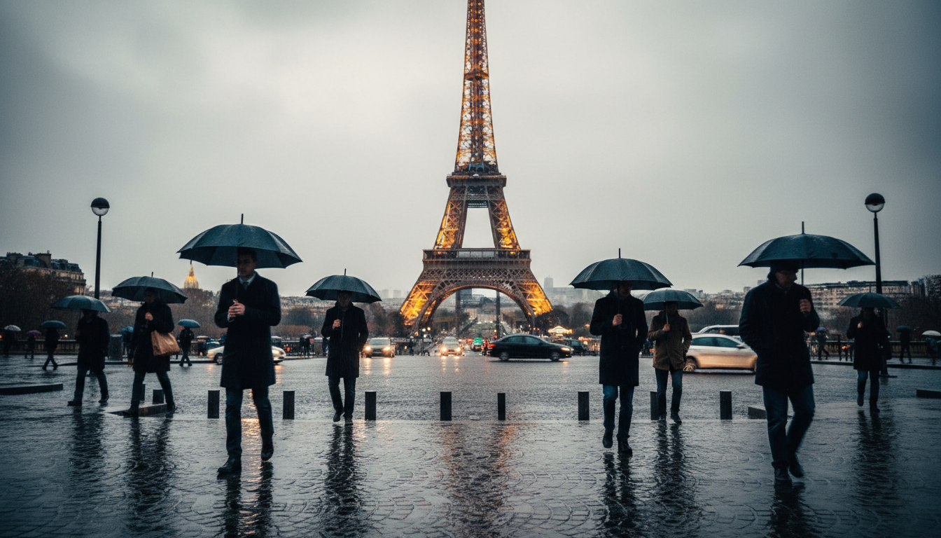 비 오는 날, 젖은 도로에 비치는 에펠탑의 모습.