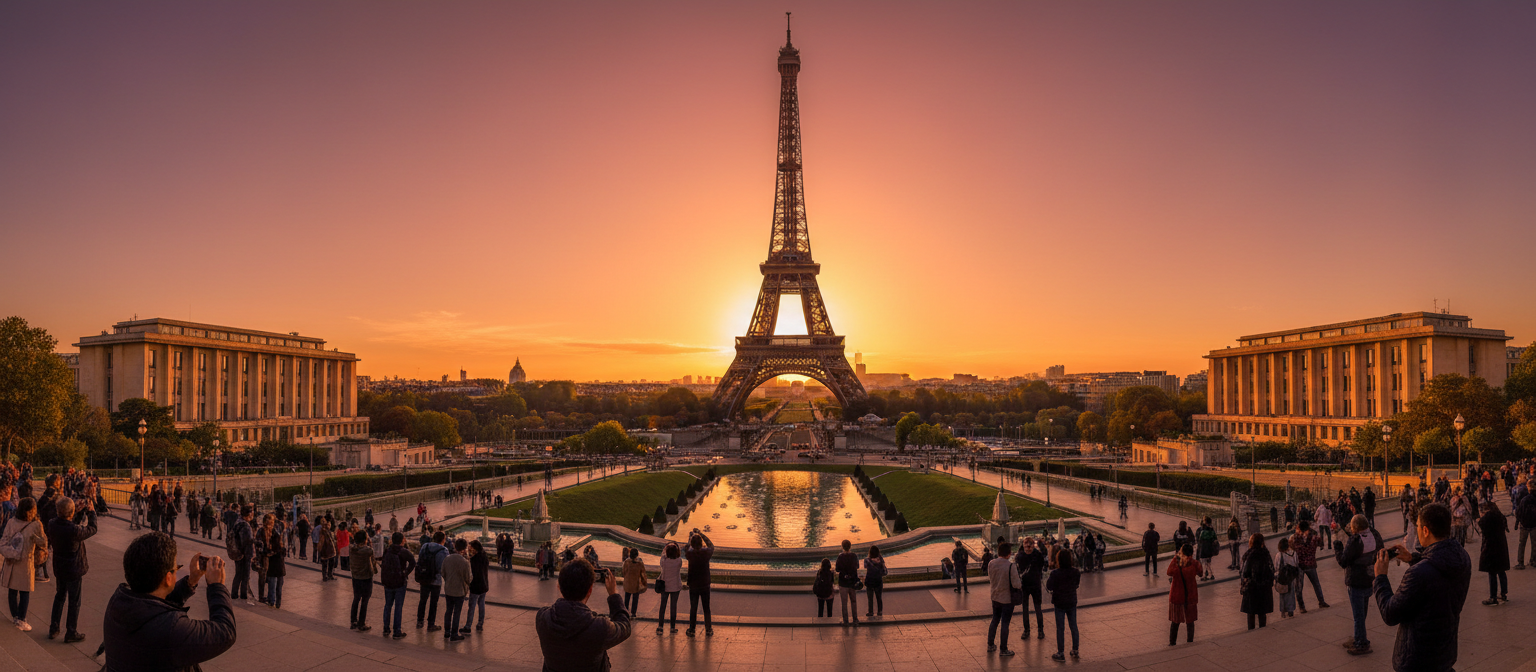 트로카데로 정원에서 바라본, 노을빛으로 물든 에펠탑 전경.