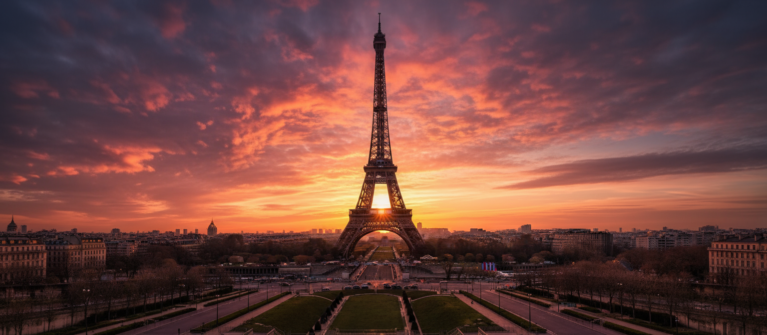 에펠탑 뒤로 펼쳐진 극적인 일몰.