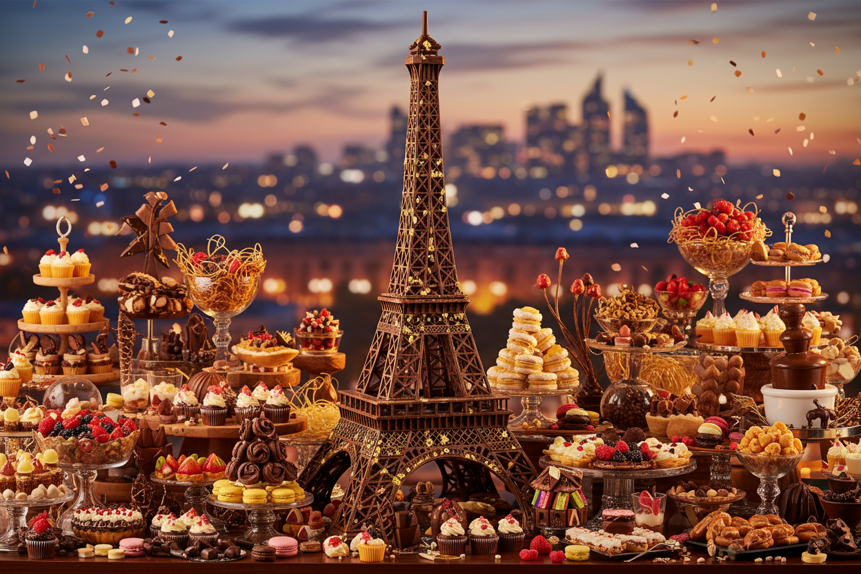 초콜릿으로 정교하게 만들어진 에펠탑 모형, 주변에는 디저트들이 놓여 있다.