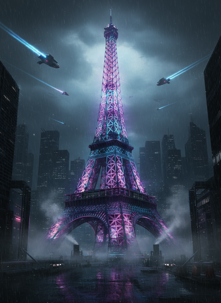 네온 불빛으로 빛나는 사이버펑크 스타일의 에펠탑과 미래 도시 풍경.
