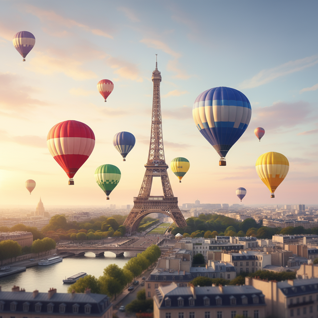 일출 시각, 형형색색의 열기구에 둘러싸여 부드러운 아침 햇살을 받는 에펠탑.