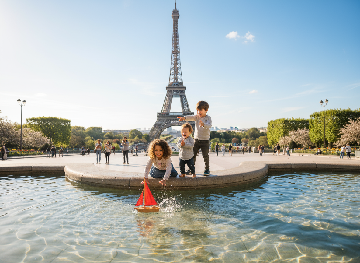 맑은 날, 샹 드 마르스 공원에서 놀고 있는 아이들과 배경에 우뚝 선 에펠탑.