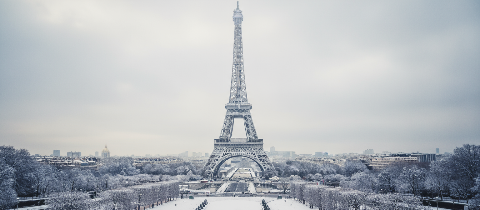 하얀 눈으로 뒤덮여 겨울 왕국이 된 에펠탑.