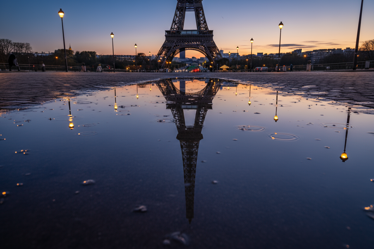 빗물 웅덩이에 완벽하게 비친 에펠탑의 모습.