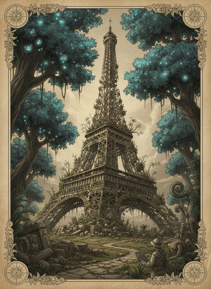 덩굴로 뒤덮인 고대 유적처럼 신비로운 정글에 놓인 에펠탑, 잊혀진 문명의 미학.