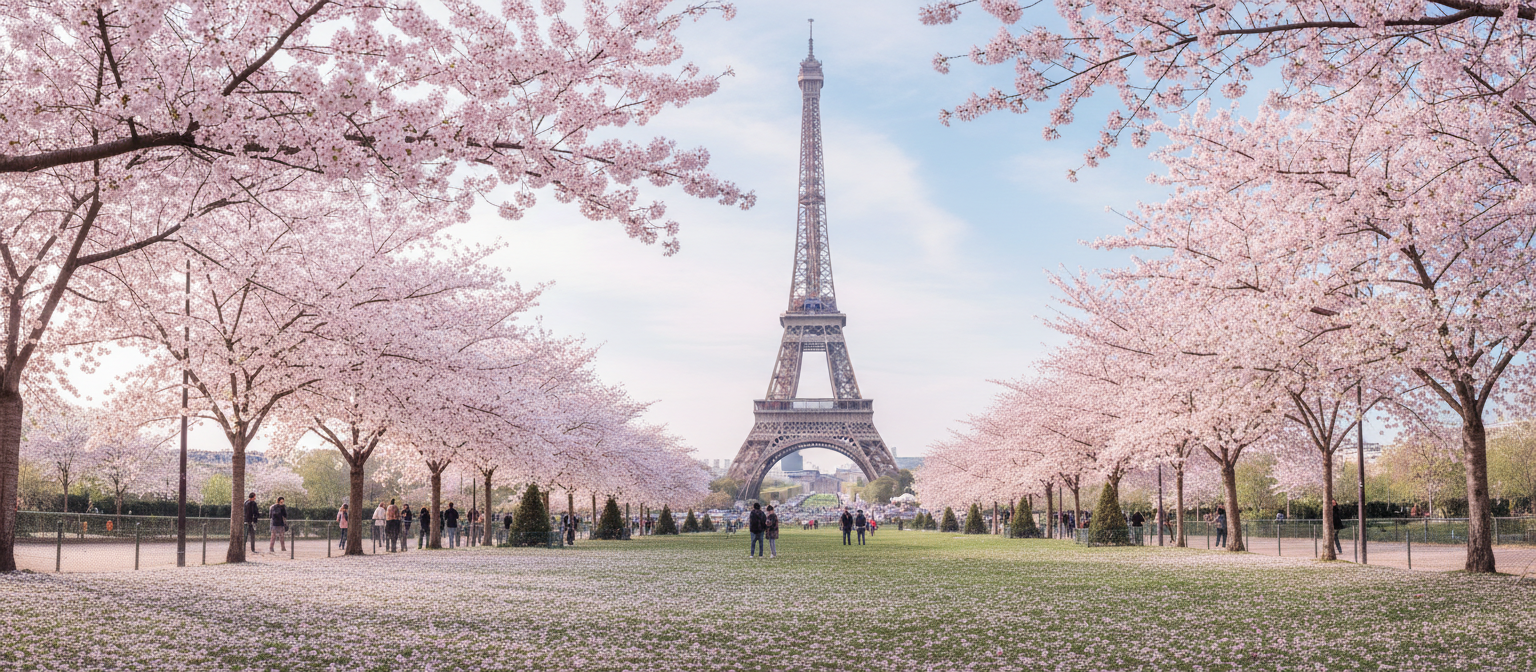 만개한 벚꽃이 가득한 봄날의 파리 에펠탑.