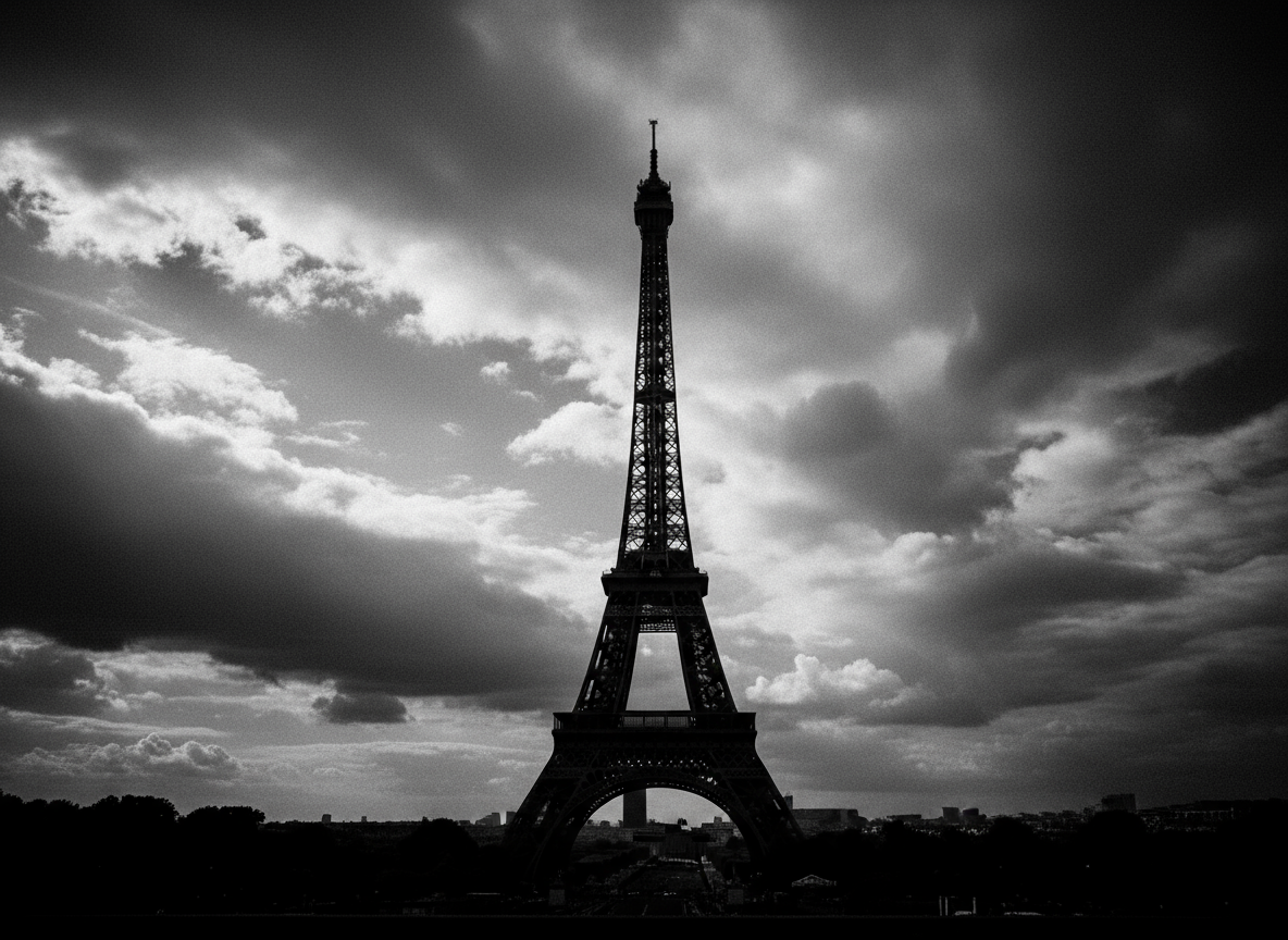 극적인 하늘을 배경으로 한 에펠탑의 인상적인 흑백 실루엣.