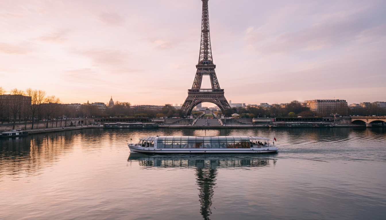 새벽 센 강 잔잔한 물에 비친 에펠탑과 지나가는 유람선.