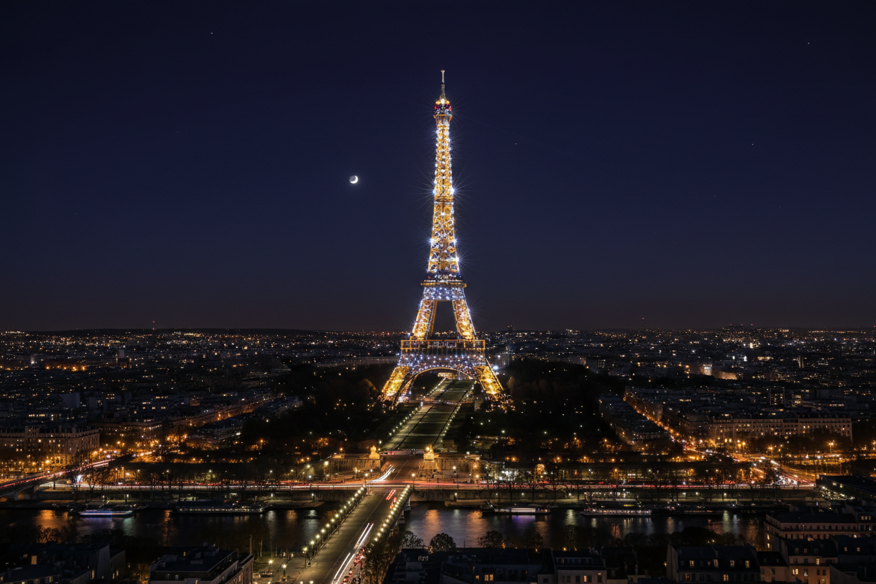 밤에 조명으로 빛나는 에펠탑.