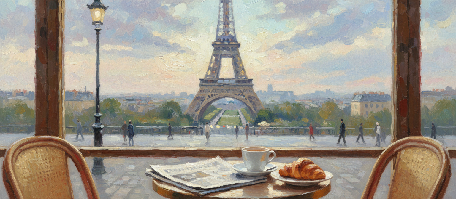 파리 카페에서 바라본 에펠탑을 그린 인상주의 유화.