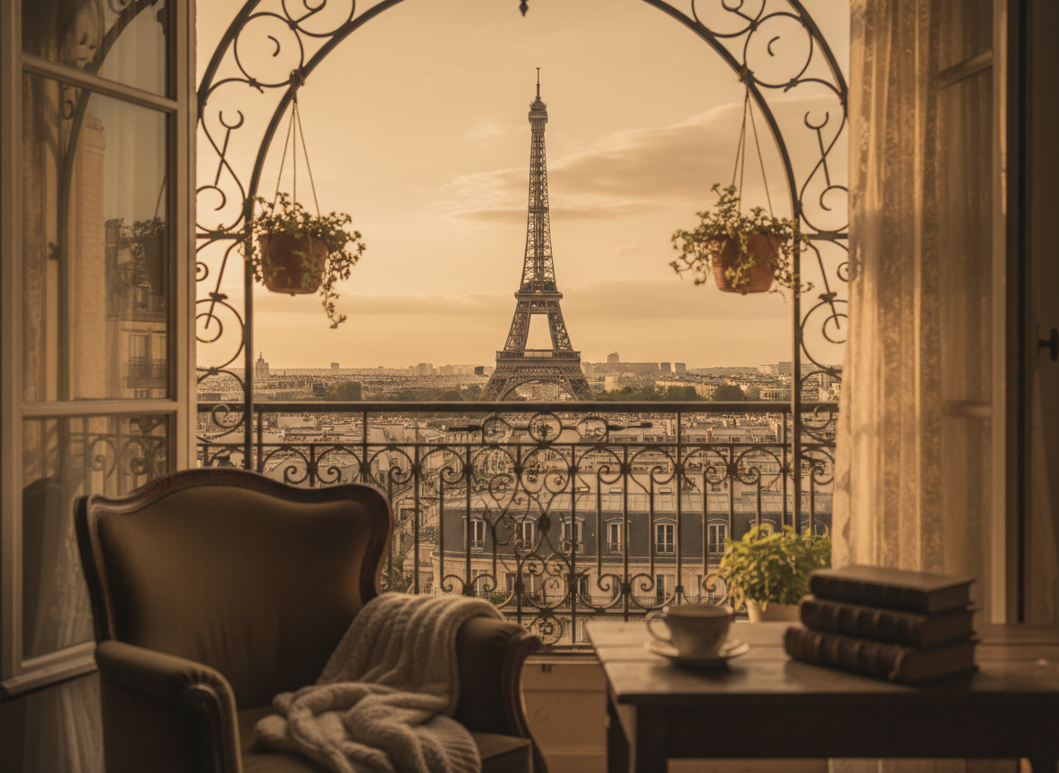 화려한 창문 너머로 멀리 보이는 에펠탑, 아늑한 파리 아파트 내부.