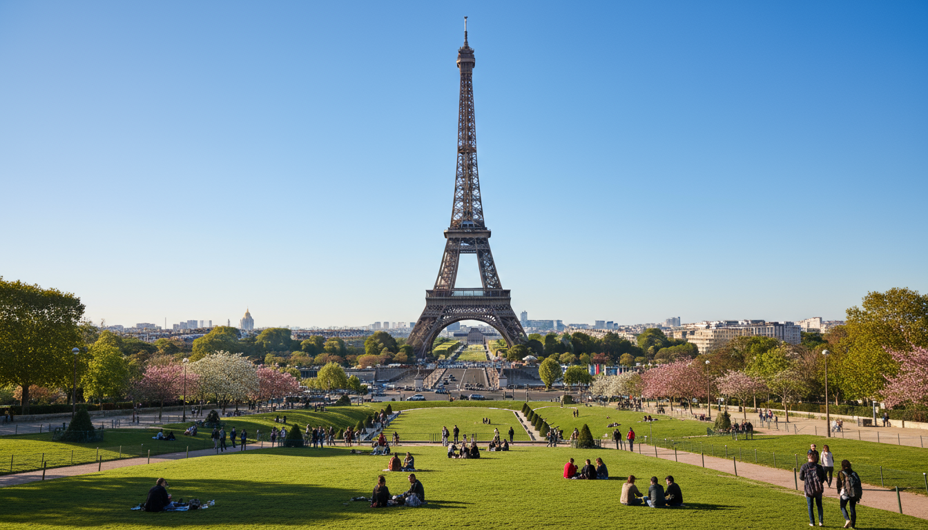 화창한 날 초록 잔디밭이 있는 에펠탑.