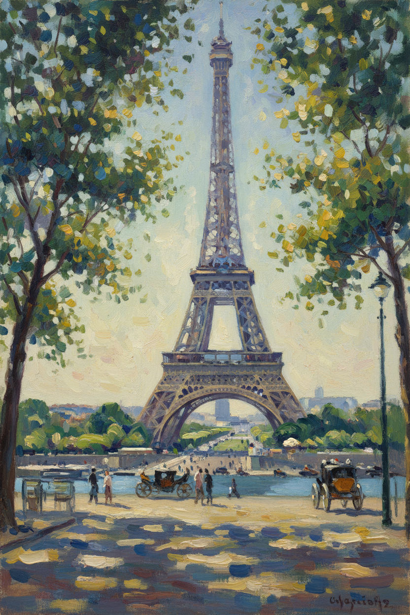 부드러운 초점과 생동감 넘치는 색상이 특징인 인상주의 에펠탑 그림.