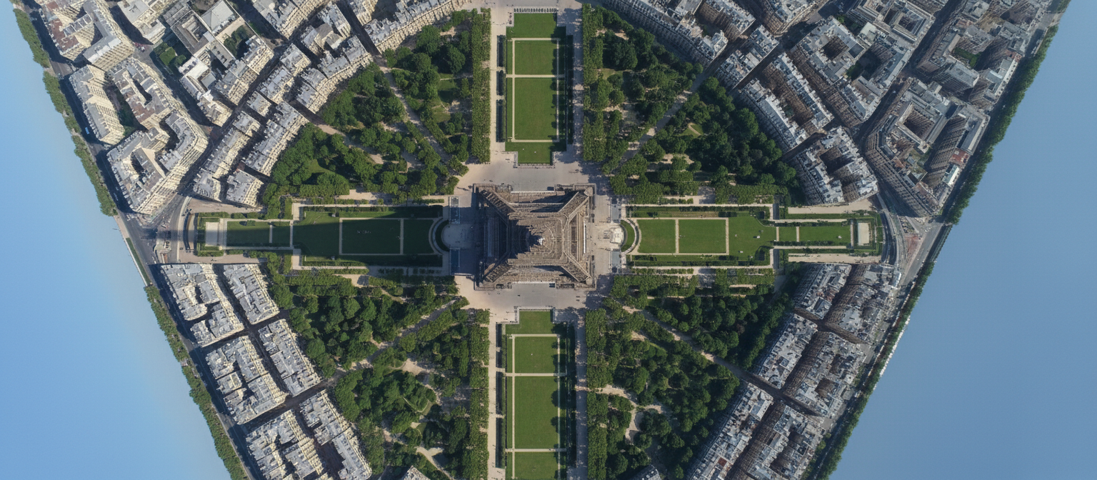 샹 드 마르스 광장이 펼쳐진 에펠탑의 멋진 항공 사진.