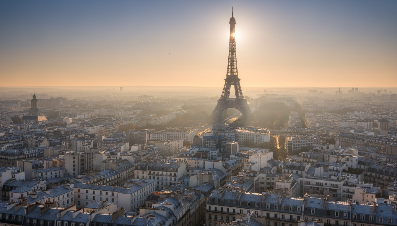 안개 낀 일출에 파리 지붕 위로 길고 극적인 그림자를 드리운 에펠탑.
