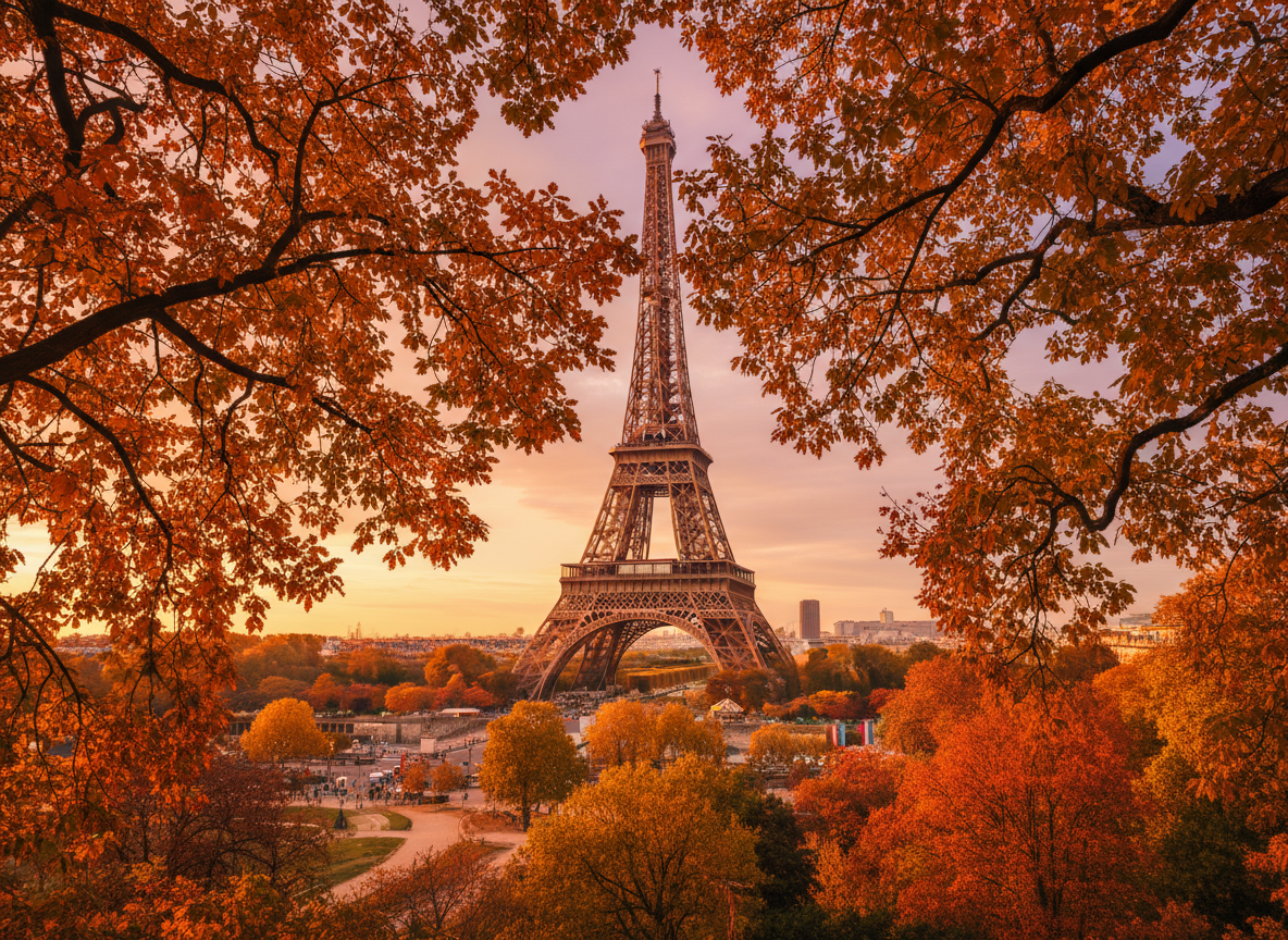 가을 단풍에 둘러싸인 에펠탑.