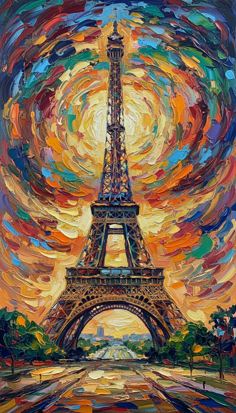 대담한 색상과 두꺼운 붓질이 특징인 에펠탑의 표현주의 회화.