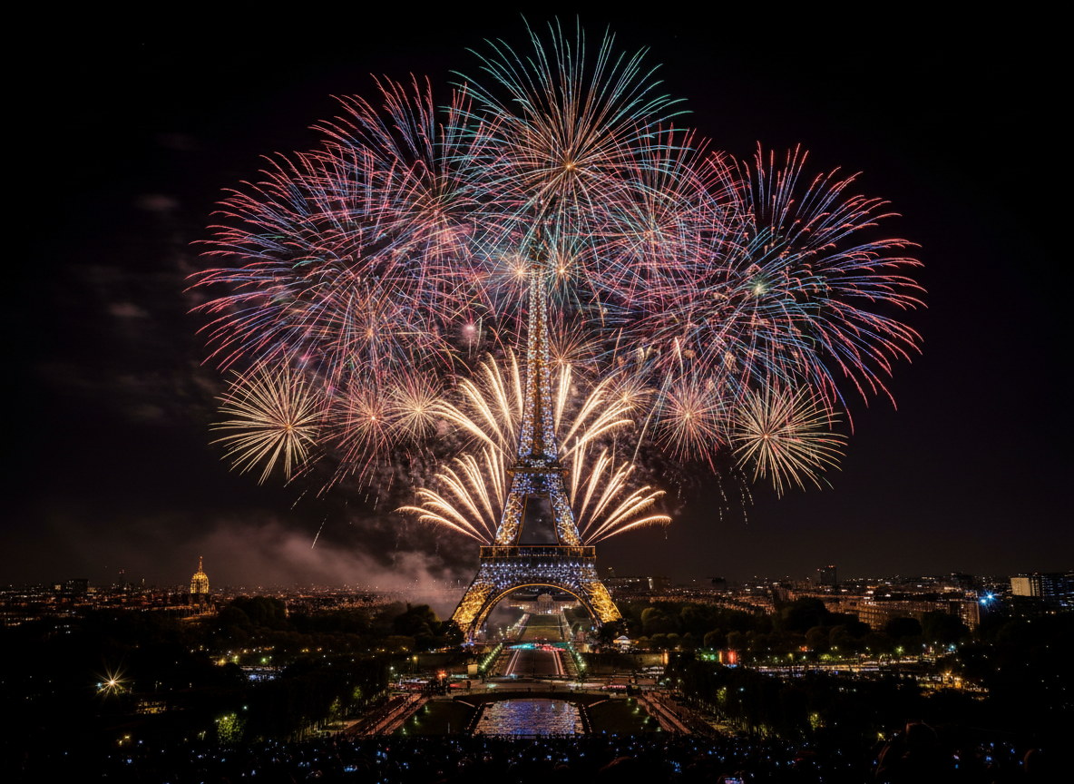 밤하늘에 에펠탑 주변으로 터지는 화려한 불꽃놀이.