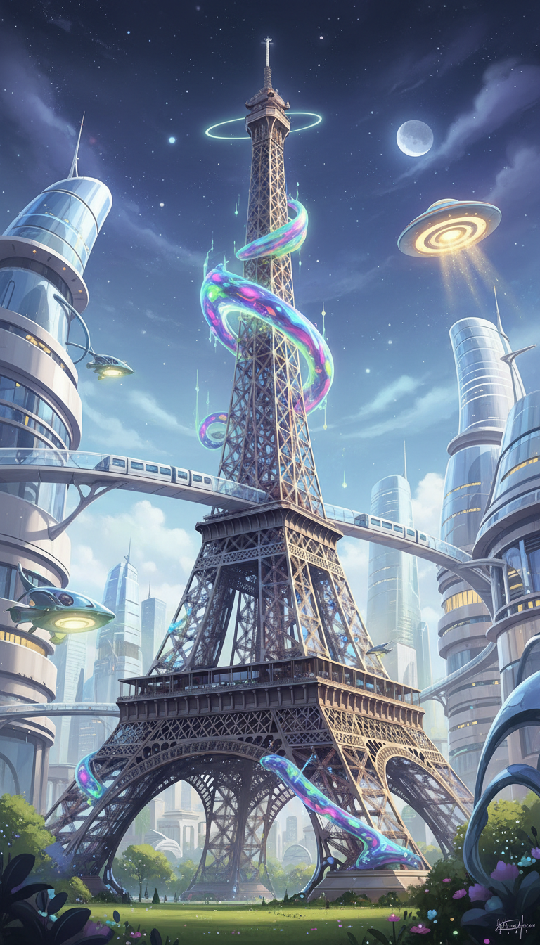 외계 에너지를 띠고 미래 도시 속에 우뚝 선 기발한 SF 에펠탑.