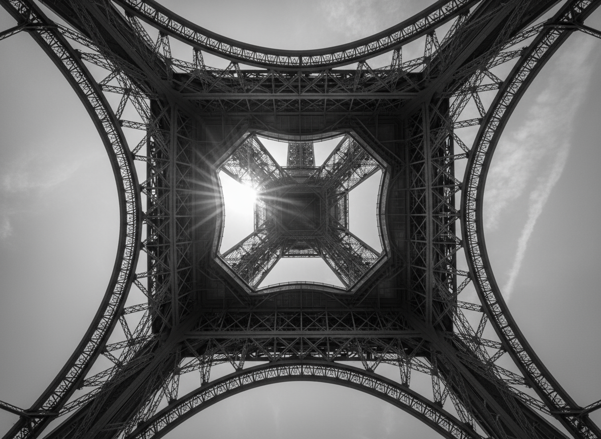 에펠탑 구조물을 올려다보는 로우 앵글 뷰.