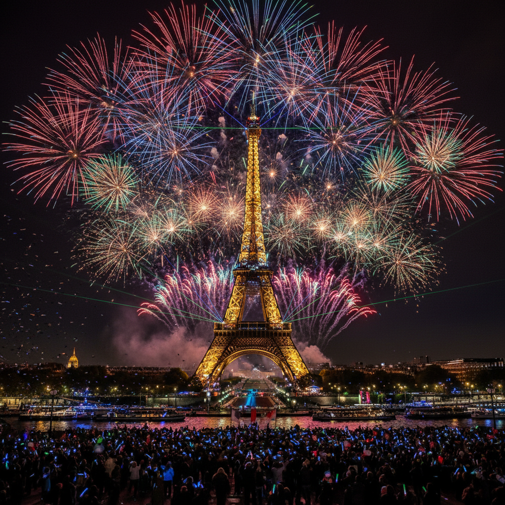 밤하늘 불꽃놀이 속 에펠탑.